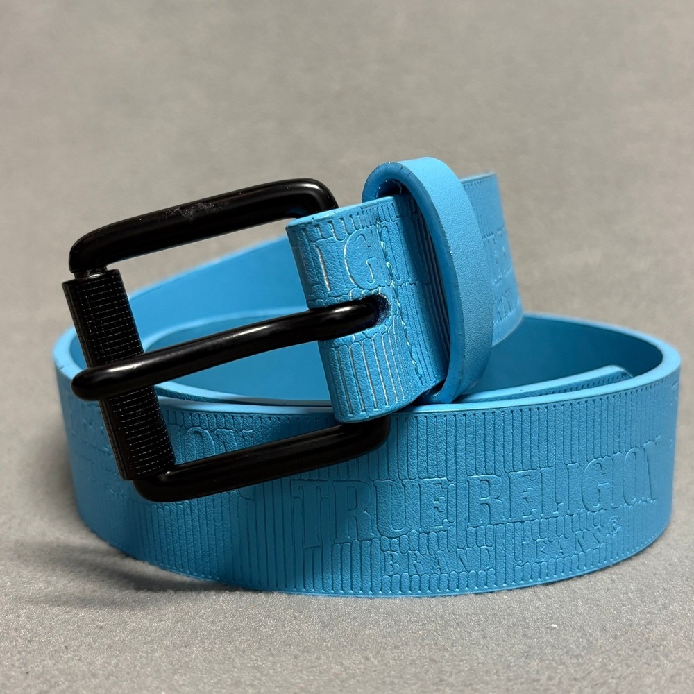 True Religion Belt Size 32 Blue Textured Logo Roller Buckle Simulated